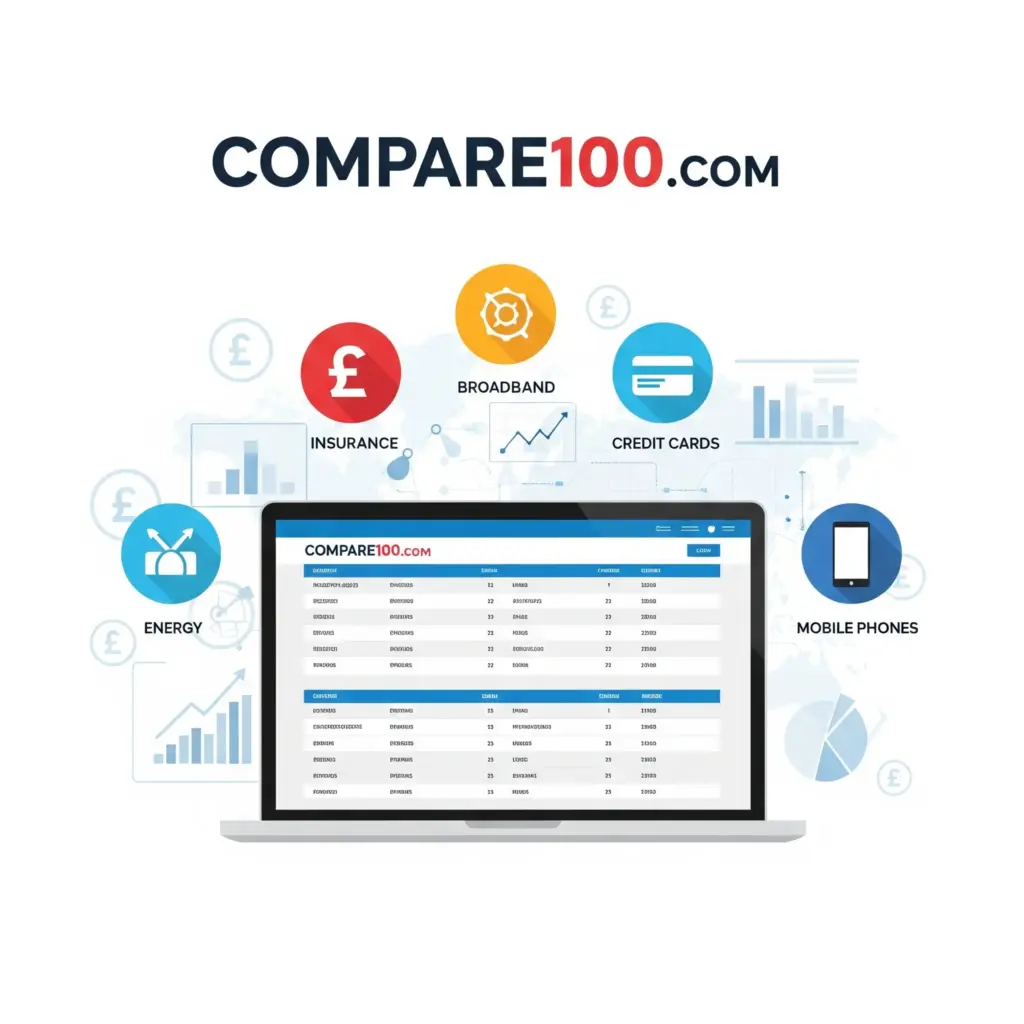 A laptop screen displays price comparison tables for insurance, broadband, energy, credit cards, and mobile phones, surrounded by flat icons representing these services. The background has subtle UK pound signs, charts, and digital graphics, with "Compare100.com" prominently displayed above.