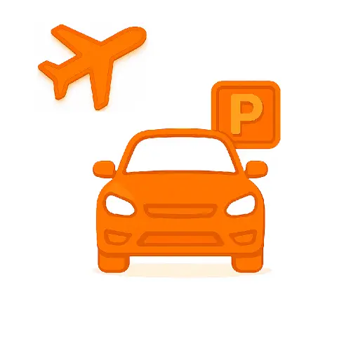 Orange 3D-style car with parking sign icon on white background, representing airport parking in the travel category on Compare100.com