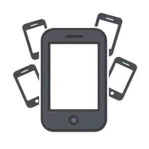 Dark grey flat 2D smartphone icon with subtle shading, surrounded by multiple smaller phones at various angles, on a white background, representing business mobile contracts in the mobiles category on Compare100.com
