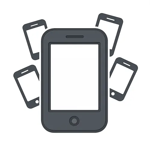 Dark grey flat 2D smartphone icon with subtle shading, surrounded by multiple smaller phones at various angles, on a white background, representing business mobile contracts in the mobiles category on Compare100.com