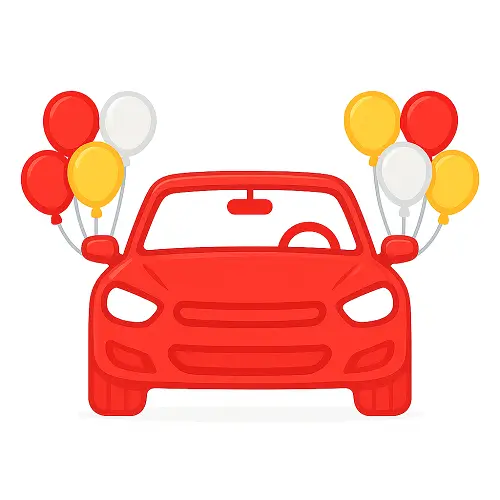Red 3D vector icon of a car with six helium balloons — red, white, and yellow — tied to the wing mirrors.