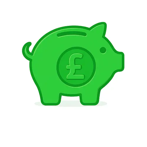 Green 3D-style piggy bank with pound coin and subtle shading on white background, representing pensions in the money category on Compare100.com