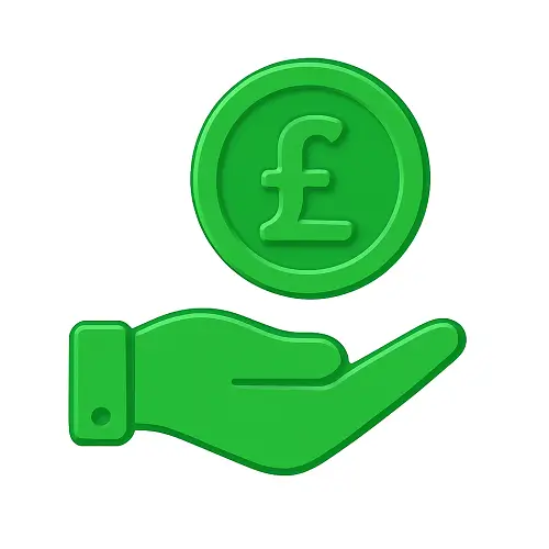 Green 3D-style hand holding a pound coin with subtle shading on white background, representing loans in the money category on Compare100.com