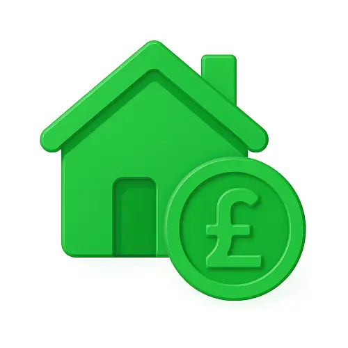 Green 3D-style house with a pound coin beside it, subtle shading on white background, representing mortgage deals in the money category on Compare100.com