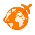 Orange 3D-style globe with an airplane flying around it, subtle shading, on white background, representing the travel parent category on Compare100.com
