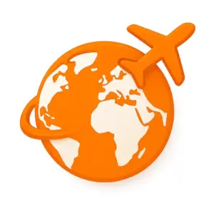 Orange 3D-style globe with an airplane flying around it, subtle shading, on white background, representing the travel parent category on Compare100.com