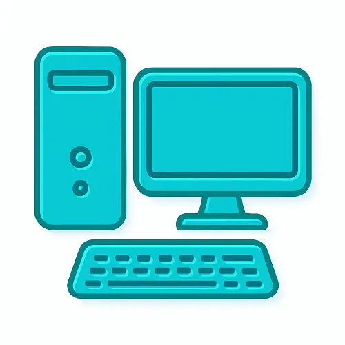 Teal desktop computer tower, monitor, and keyboard icon – Compare100.com Shopping category Computers.