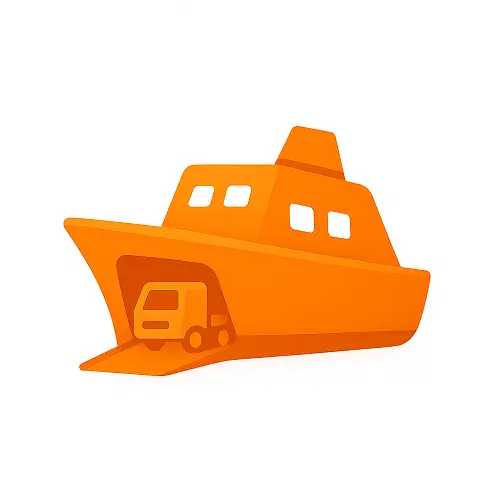 Orange 3D-style ferry icon in side view with loading door down and a lorry driving inside, on white background, representing ferry tickets in the travel category on Compare100.com