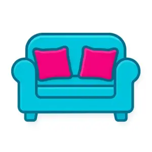 Teal sofa icon with two magenta cushions, flat vector style – Compare100.com Shopping category Furniture.