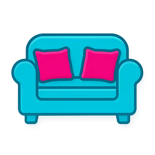 Teal sofa icon with two magenta cushions, flat vector style – Compare100.com Shopping category Furniture.