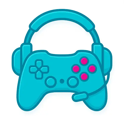 Teal game controller with headset icon, featuring magenta action buttons – Compare100.com Shopping category Gaming and Accessories.