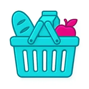 Teal shopping basket with groceries, including loaf of bread, carton, and magenta apple – Compare100.com Shopping category Groceries.