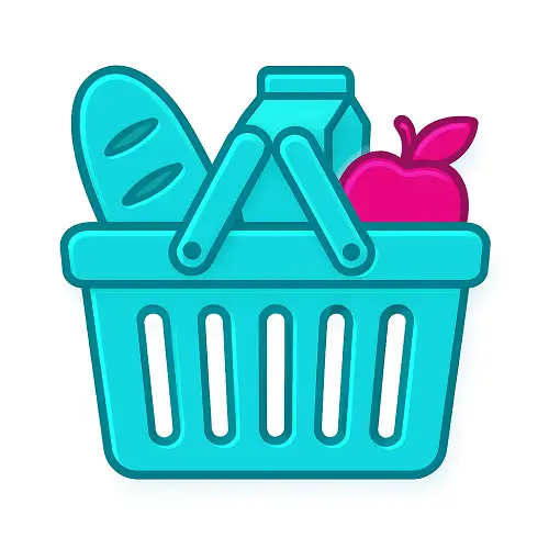 Teal shopping basket with groceries, including loaf of bread, carton, and magenta apple – Compare100.com Shopping category Groceries.