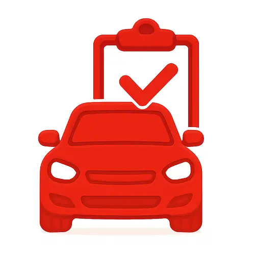 Red 3D vector icon of a car with a clipboard and a checkmark above the roof.