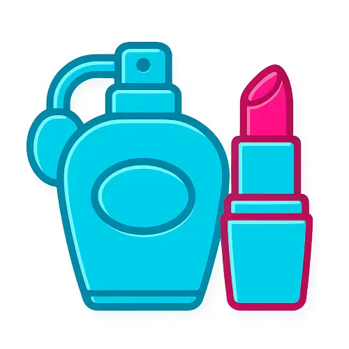 Teal perfume bottle and teal lipstick case with magenta lipstick icon – Compare100.com Shopping category Health and Beauty.