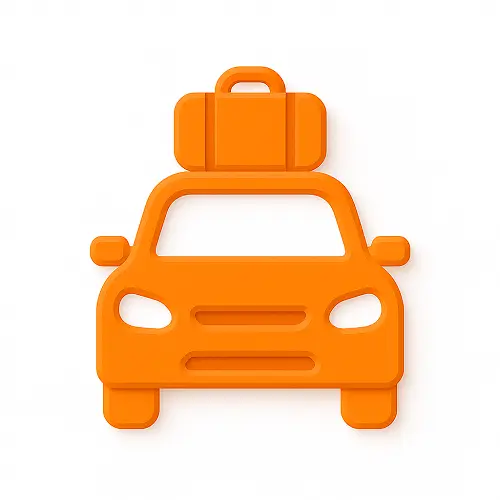 Orange 3D-style car icon with luggage on the roof on white background, representing holiday car hire in the travel category on Compare100.com