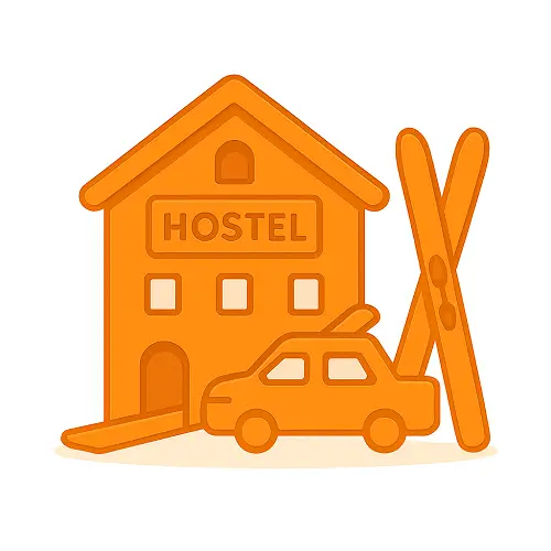 Orange 3D-style alpine hostel building icon with crossed skis and white background, representing hostels in the travel category on Compare100.com