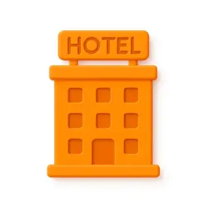 Orange 3D-style hotel building icon with 