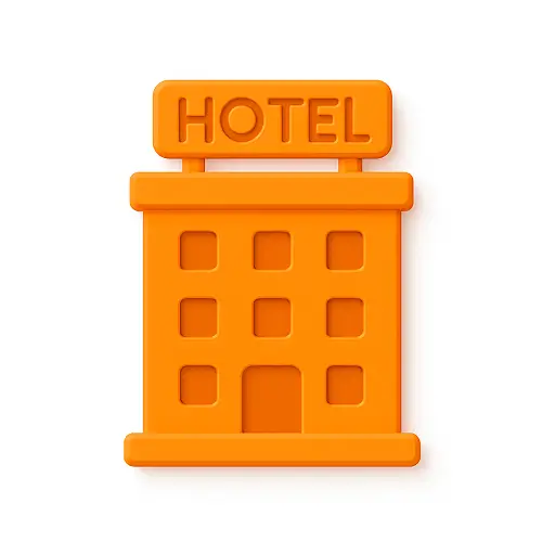 Orange 3D-style hotel building icon with "HOTEL" sign on white background, representing hotels in the travel category on Compare100.com