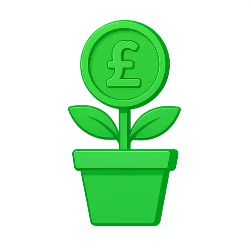Green 3D-style pound coin growing from a plant pot with subtle shading on white background, representing ISA (Investment Savings Account) in the money category on Compare100.com