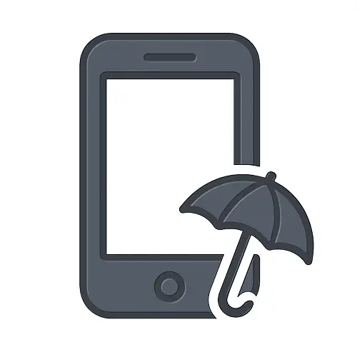 Dark grey flat 2D smartphone icon with subtle shading and a detailed umbrella angled at 45 degrees in the lower-right corner, on a white background, representing mobile phone insurance in the mobiles category on Compare100.com
