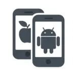 Dark gray vector illustration of two overlapping smartphones on a white background, one displaying a stylized apple logo and the other showing an Android robot icon, representing the mobiles category.