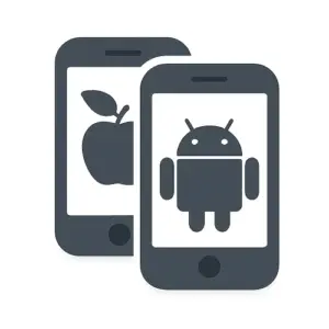 Dark gray vector illustration of two overlapping smartphones on a white background, one displaying a stylized apple logo and the other showing an Android robot icon, representing the mobiles category.