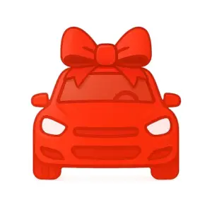 Red 3D vector icon of a car with a large ribbon bow on the roof.