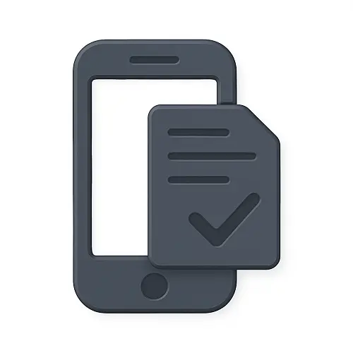 Dark grey flat 2D smartphone icon with subtle shading and a simplified contract document featuring a checkmark, on a white background, representing new phone contract deals in the mobiles category on Compare100.com