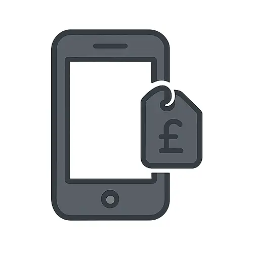 Dark grey flat 2D smartphone icon with a simple price tag featuring a pound sterling (£) symbol in matching dark grey, on a white background, representing phone-only deals in the mobiles category on Compare100.com