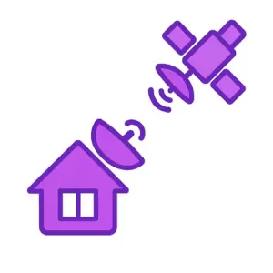 Purple house with a satellite dish and an orbiting satellite angled toward it, featuring bold outline and white interior contrast.