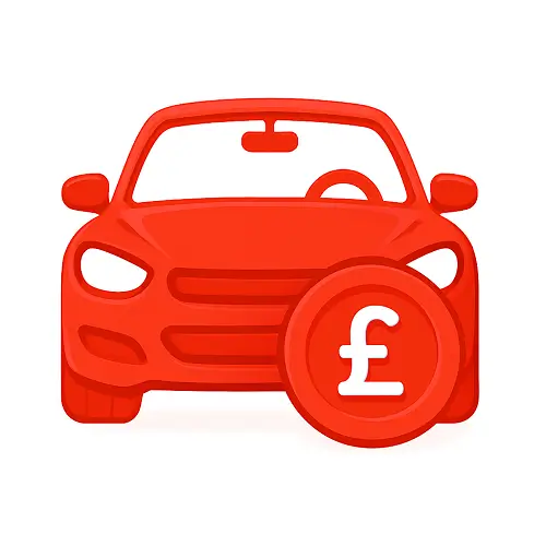 Red 3D vector icon of a car with a large white pound (£) coin in front.