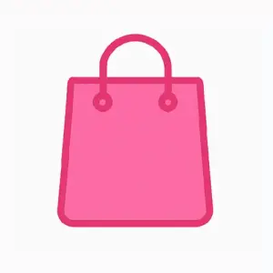 Simple flat pink shopping bag icon with handles, no text, on a white background.