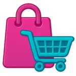 Flat vector Shopping category icon set for Compare100.com, featuring teal and magenta designs including fashion, computers, gaming, furniture, groceries, health & beauty, smart devices, and fitness wearables. Clean bold outlines with subtle shading, designed for modern UK comparison website.