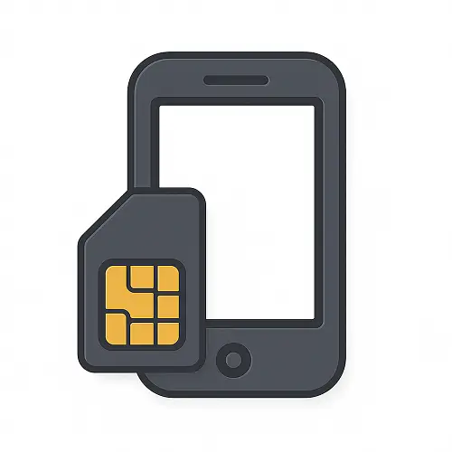 Dark grey flat 2D smartphone icon with a SIM card in the lower-left corner featuring a golden chip, on a white background, representing SIM only deals in the mobiles category on Compare100.com