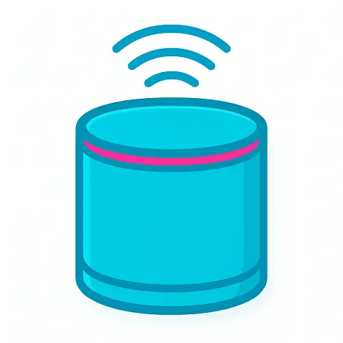 Teal cylindrical smart speaker with magenta accent ring and teal Wi-Fi signal lines – Compare100.com Shopping category Smart Things.