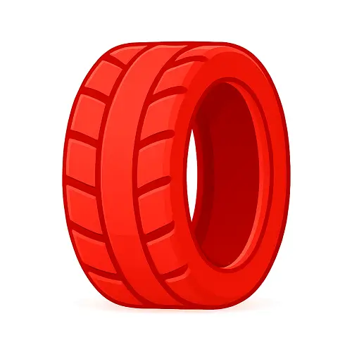 Red 3D vector icon of a car tyre with bold shading and highlights.
