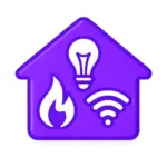 Purple house silhouette with bold outline containing white gas flame, light bulb, and Wi-Fi symbols, representing utilities on Compare100.