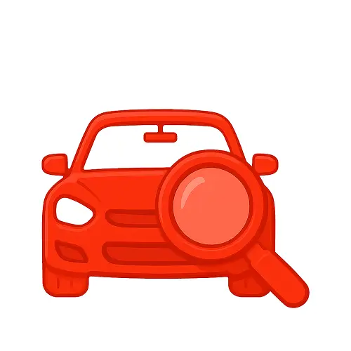 Red 3D vector icon of a car with a large magnifying glass over the bonnet.