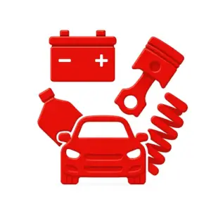 Red 3D vector icon showing a battery, piston, exhaust, and suspension spring.