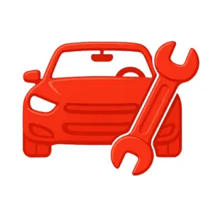 Red 3D vector icon of a car with a large spanner leaning against it.