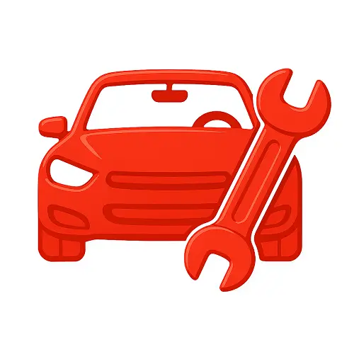 Red 3D vector icon of a car with a large spanner leaning against it.