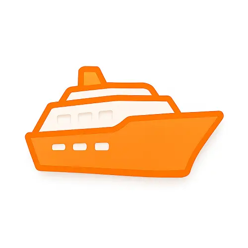 Orange 3D-style cruise ship icon with subtle shading and white windows on white background, representing worldwide cruises in the travel category on Compare100.com