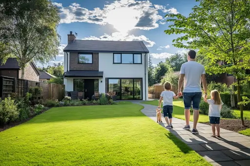 Family walking towards a new home, representing mortgage advice from Quick Mortgages